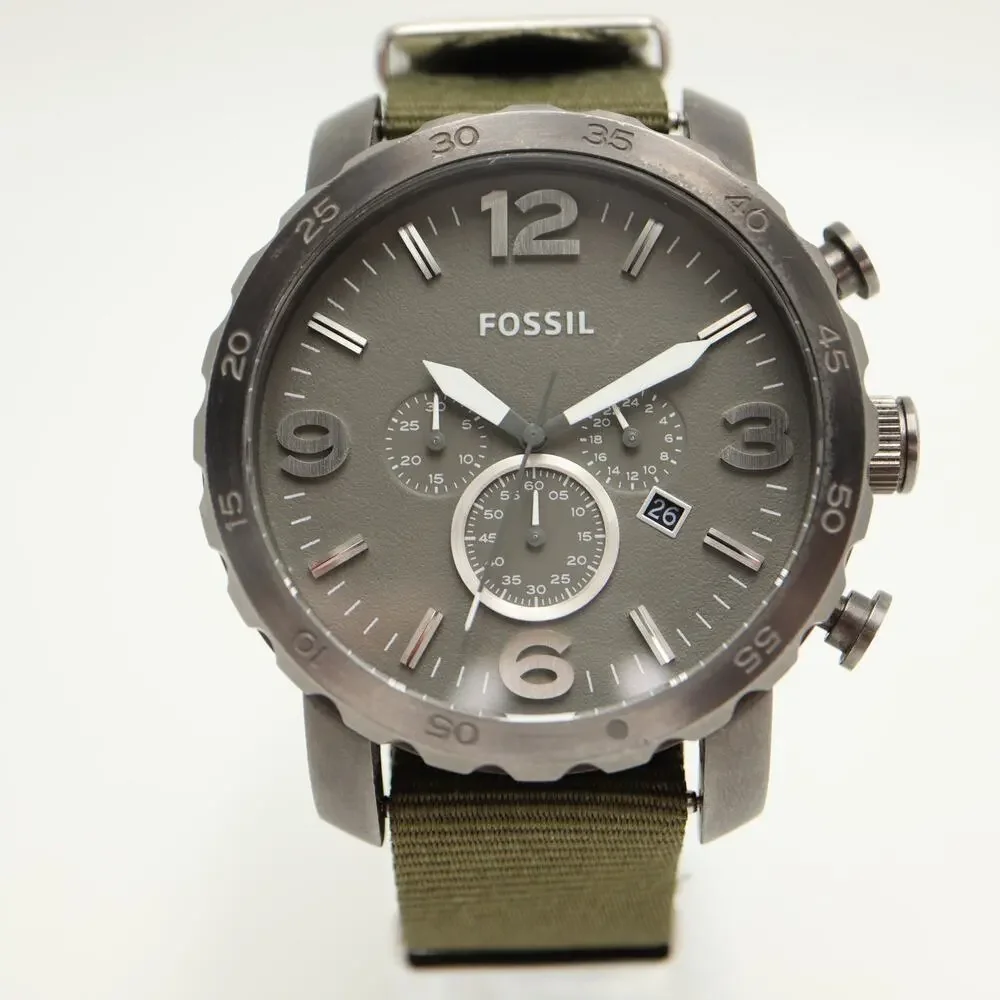 Fossil Nate Gunmetal Gray Men's 50mm Chronograph Watch Green Nylon w New Battery